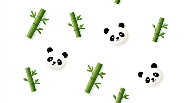 Cute cartoon panda bear pattern with green bamboo stalks background design for kids textile and stationery items
