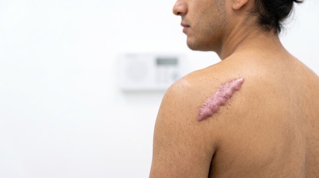 Raised keloid scar and hypertrophic scar tissue on young male back shoulder close up