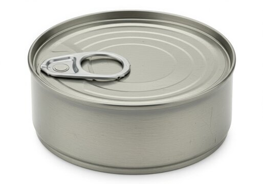 Silver metal food can with pull tab on white background