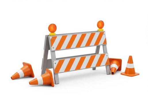 Orange and white construction barrier with traffic cones