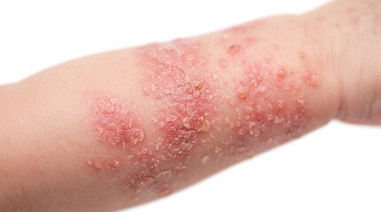 Fototapeta premium Close-up of a human arm covered in a severe blistering red rash, indicating shingles, eczema, or contact dermatitis.