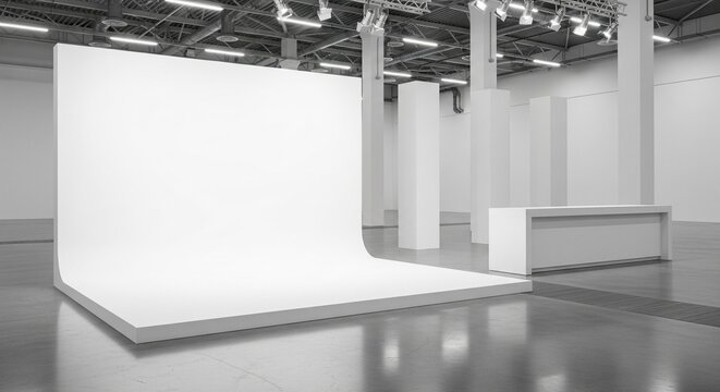 Blank white exhibition stand booth with curved backdrop and podium in a spacious modern minimalist hall