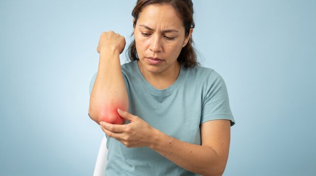 Woman holding elbow in pain with red inflammation area