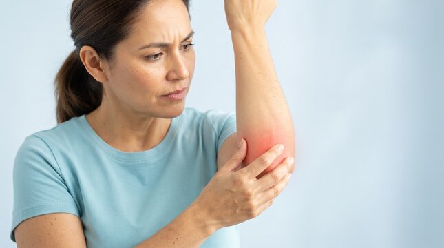 Woman touching painful elbow joint with red inflamed area