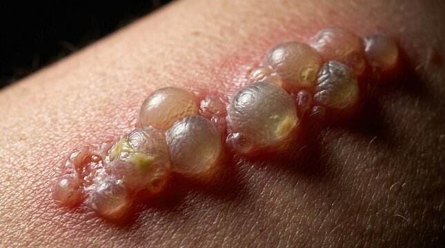Extreme macro close up of painful shingles herpes zoster blisters on red skin