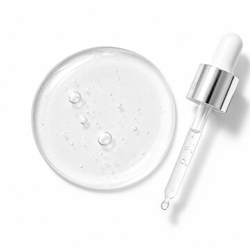 Clear serum gel blob with glass dropper top view on white background