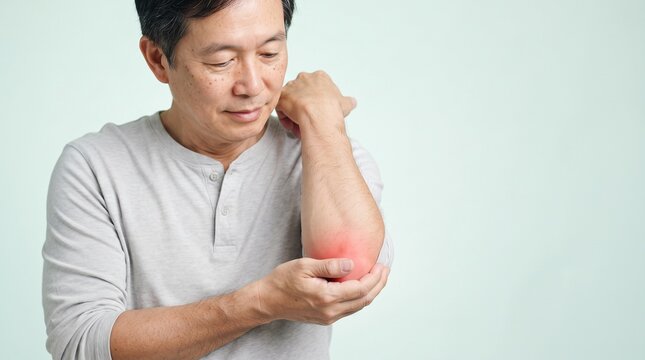 Man holding elbow with red inflammation sign showing discomfort
