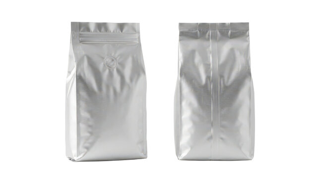 Two silver foil coffee bags background isolated on transparent background