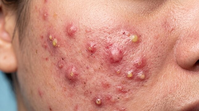 Severe cystic acne vulgaris and painful purulent pustules on human facial skin close up