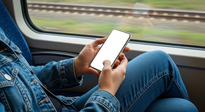 Close up of person holding a blank smartphone screen while riding a train with motion blurred tracks visible outside