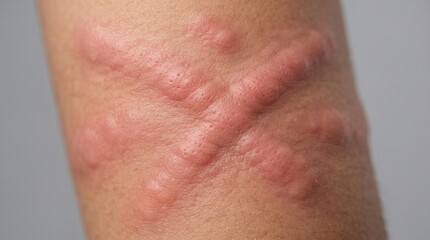 Fototapeta premium Close-up of raised red welts on human skin indicating urticaria, hives, dermatographia, or an allergic reaction.