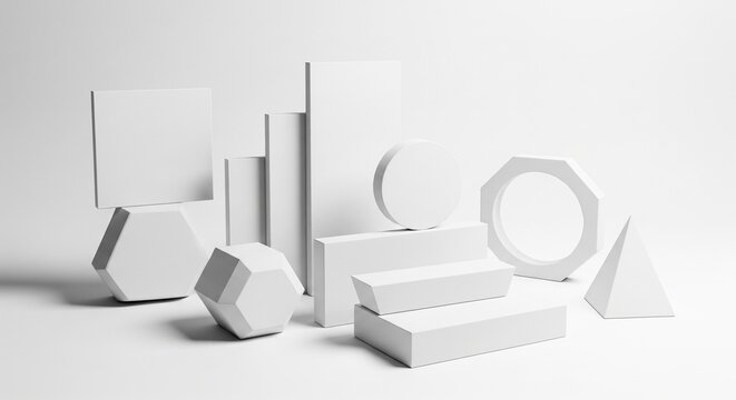 Collection of assorted 3D geometric shapes including cubes and prisms arranged as a minimal white abstract composition for product display