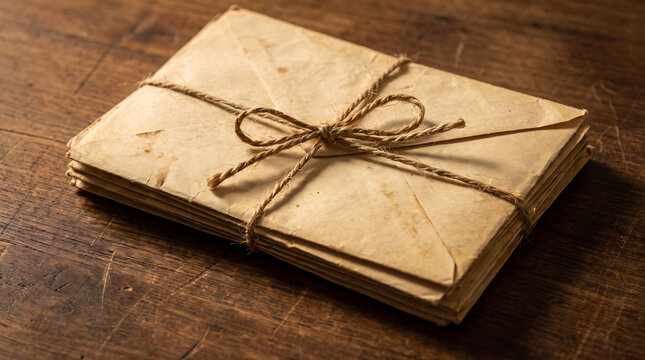 Vintage envelope stack tied with rustic twine string resting on an aged dark wooden desk surface