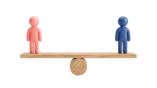 Gender equality concept with pink and blue figures on wooden seesaw, social balance and justice metaphor, human rights and parity isolated PNG with Transparent Background