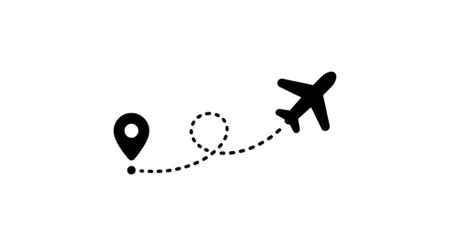 Minimalist airplane flight path icon, black aircraft silhouette with dotted line route, travel destination pin and plane trail isolated PNG with Transparent Background