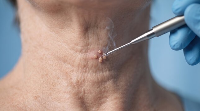 Dermatologist removing skin tags from female neck using cautery pen or laser device