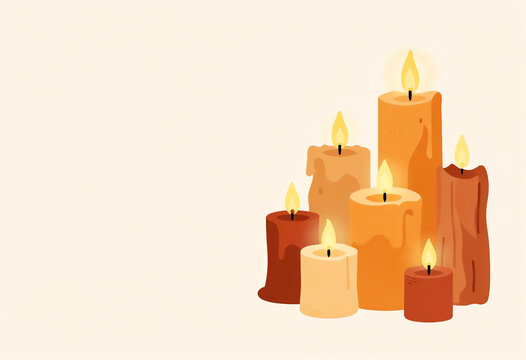 Flat vector lit pillar candles with warm glowing flames on cream background, copy space horizontal banner