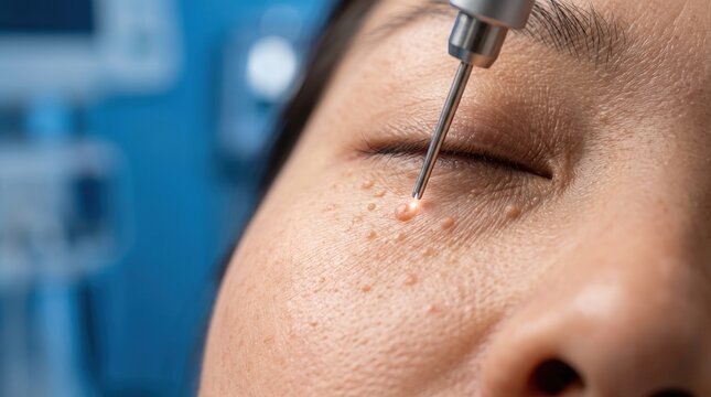 Laser removal treatment of syringoma or milia bumps under female eye close up