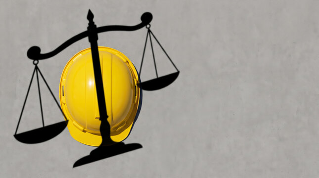 Labor rights protection safety law justice hardhat scale balance. legal law justice compliance. workplace employment safety, human management policy contract