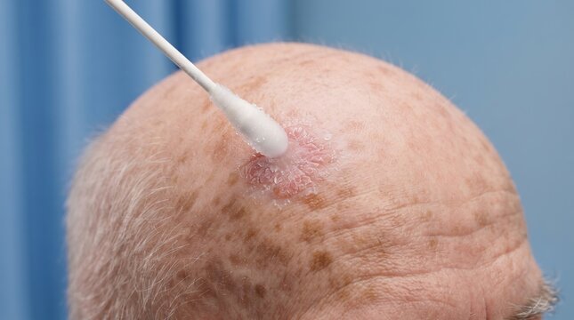 Cryotherapy treatment using liquid nitrogen swab on actinic keratosis lesion on bald senior man head