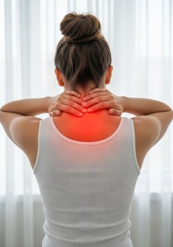Young Woman Massaging Her Sore Neck and Shoulders with Red Pain Spot Highlighting Muscle Tension
