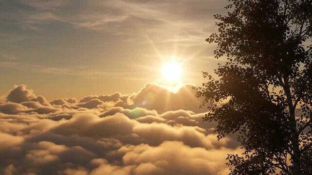Heat wave extreme summer sunlight cloud sunrise sky tree silhouette over glowing cloudscape warm golden. Global warming climate change. hot high temperature sun weather, danger risk emergency crisis