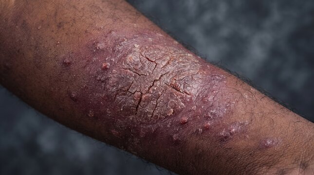 Extreme close-up of severe cracked plaque psoriasis, eczema, or lichen planus on a dark-skinned arm.
