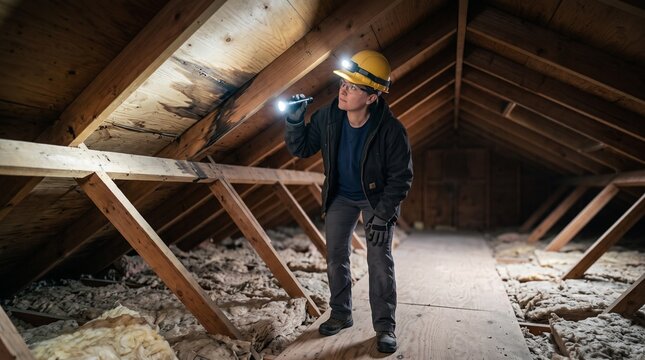 Roofing repair specialist, inspecting attic leak, water stain near roof decking, professional residential diagnosis for hidden roof damage and maintenance planning