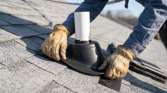 Roofing repair technician, replacing vent boot, roof pipe flashing detail, professional leak prevention repair for residential maintenance and home protection