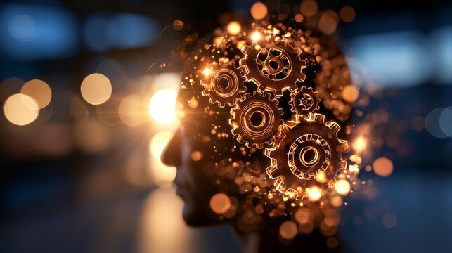 Glowing human head silhouette icon with gears on a bright clean well lit background critical thinking concept essential human skill future decision making cognitive process