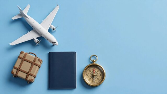 Travel Essentials - Airplane, Passport, Suitcase, and Compass on Blue Background.