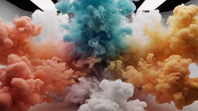 Esplosione di fumo colorato che si mescola in un ambiente minimalista. Sfondo astratto dinamico