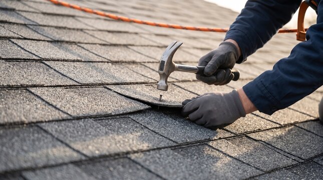 Roofing repair detail, correcting raised roof nail, asphalt shingle maintenance, professional small defect repair for leak prevention and residential property care