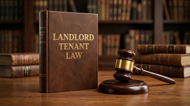 Professional legal composition of landlord tenant law books and a gavel for property management concepts.