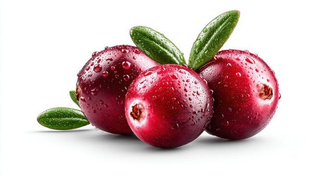 Juicy red cranberries with fresh green leaves