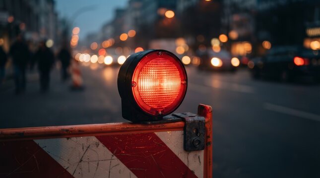 Construction barrier with a red warning light at a restricted area in low light.