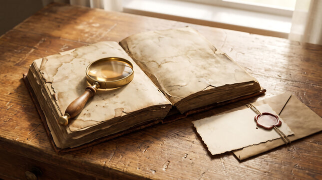Old antique book with a brass magnifying glass and vintage envelope resting on wooden table surface