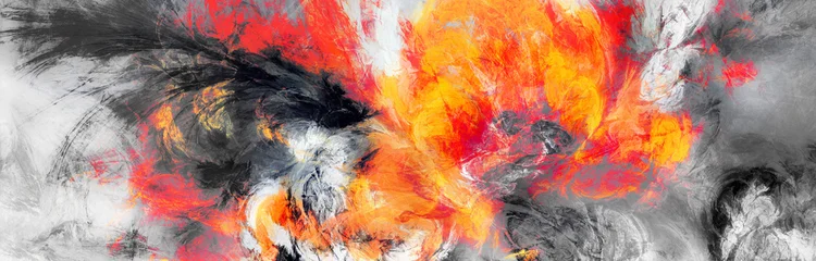 Abstract dynamic background with fiery orange explosion and dramatic black smoke waves. Modern digital painting texture with vibrant red, yellow and monochrome chaotic brush strokes. Fractal artwork. © Alena