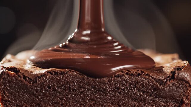 Inquadratura macro in slow motion di cioccolato fondente fuso e lucido che viene colato a filo sopra un brownie appena sfornato
