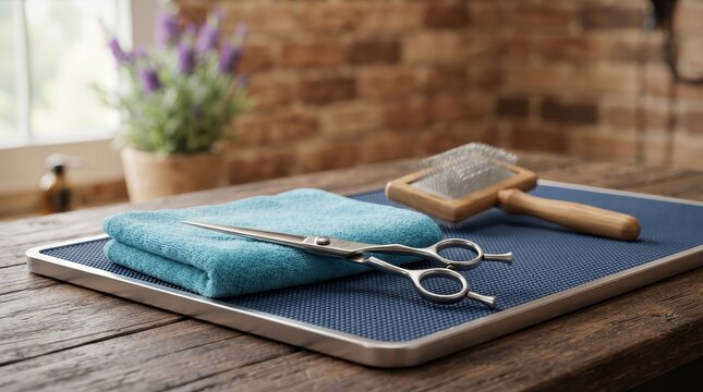 Preparation of a pet grooming station with professional scissors, brush, and a comfortable mat.