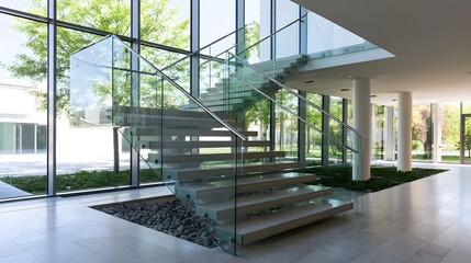 Fototapeta premium A modern glass staircase with metal railings inside a bright building featuring large and stone flooring