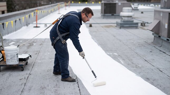 Roofing repair technician, applying roof coating, commercial low slope restoration, professional waterproofing maintenance for facility protection and extended roof service