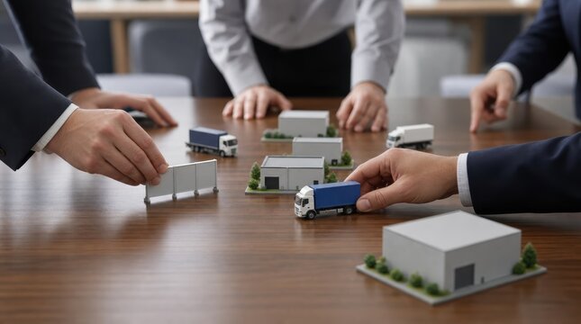 Business continuity planning. Business professionals discussing logistics using miniature trucks and warehouses on a table.