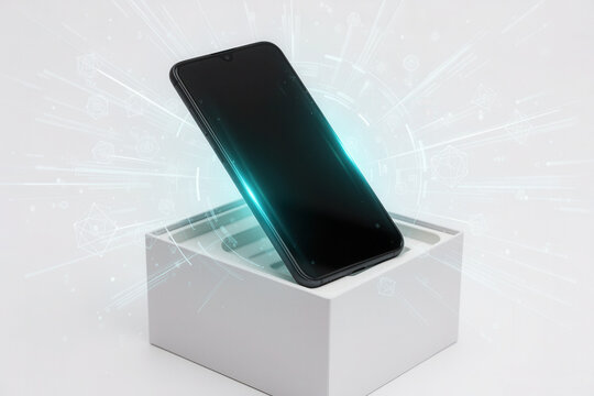 New Smartphone in Packaging with Futuristic Technology Glow Background