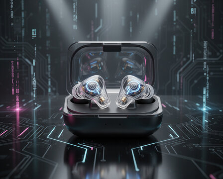 Futuristic transparent wireless earbuds with glowing internal circuitry on a digital background