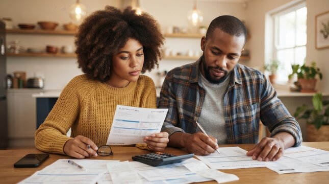 Couple sitting at a table reviewing household expenses and financial budget at home