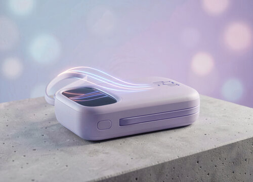 Sleek Lavender Gadget with Glowing Accents on a Concrete Surface