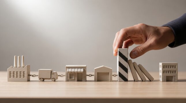 Business continuity planning. Hand placing a block to stop a chain reaction of falling blocks depicting supply chain disruption.