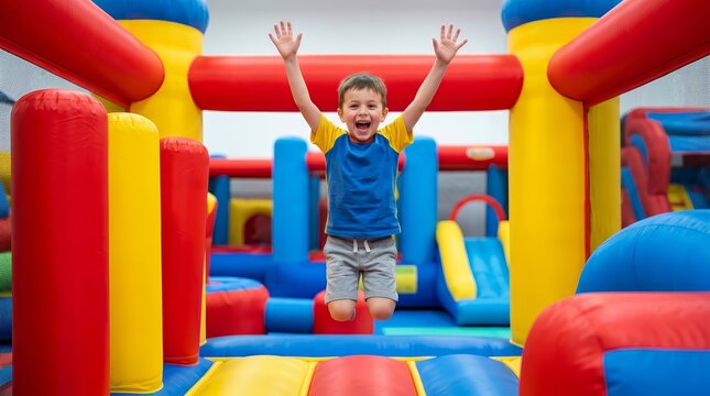 Children activity background featuring a happy boy in a colorful bounce house.