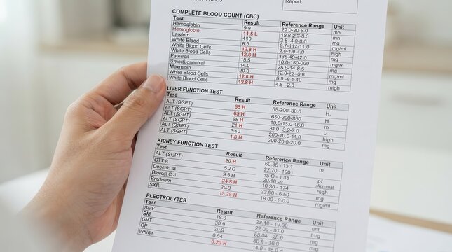Health analysis of medical documentation featuring blood count, liver function, and kidney results.